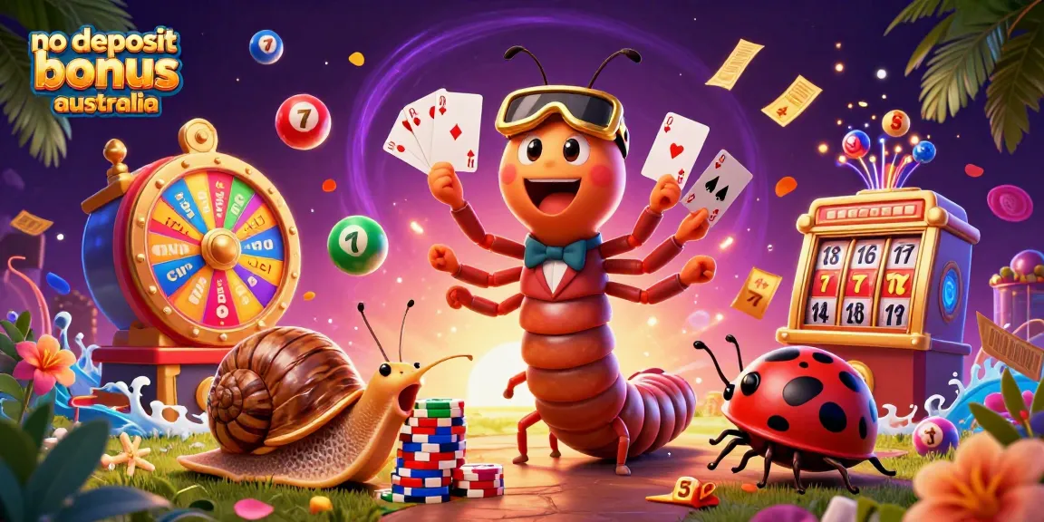 No deposit bonus casino australia illustration featuring a cartoon millipede dealer with multiple cards, slot reels, and a snail pushing chips.