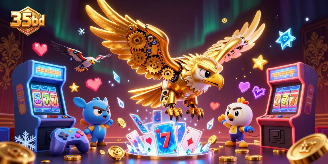 Engage with the 35bd experience, featuring a golden eagle amidst holographic playing cards.