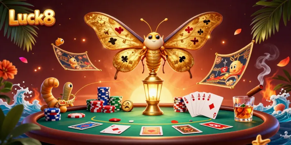 Experience vibrant gameplay at Luck8 with a captivating illustration of a giant moth and poker elements.