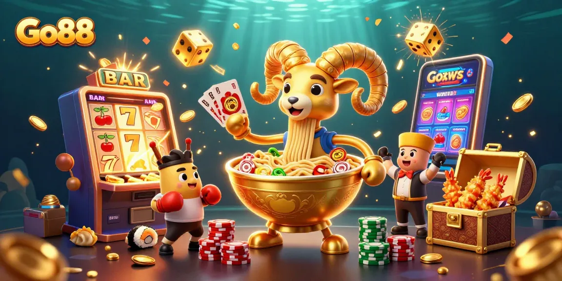 Engage with Go88 as a vibrant giant ramen bowl character deals cards and stacks chips at an exciting casino setting.