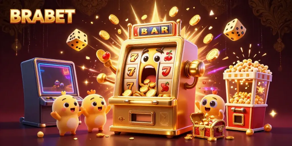 BRABET showcases a vibrant carnival of a golden jackpot slot machine hitting a big win, with cheering machines and delightful elements.