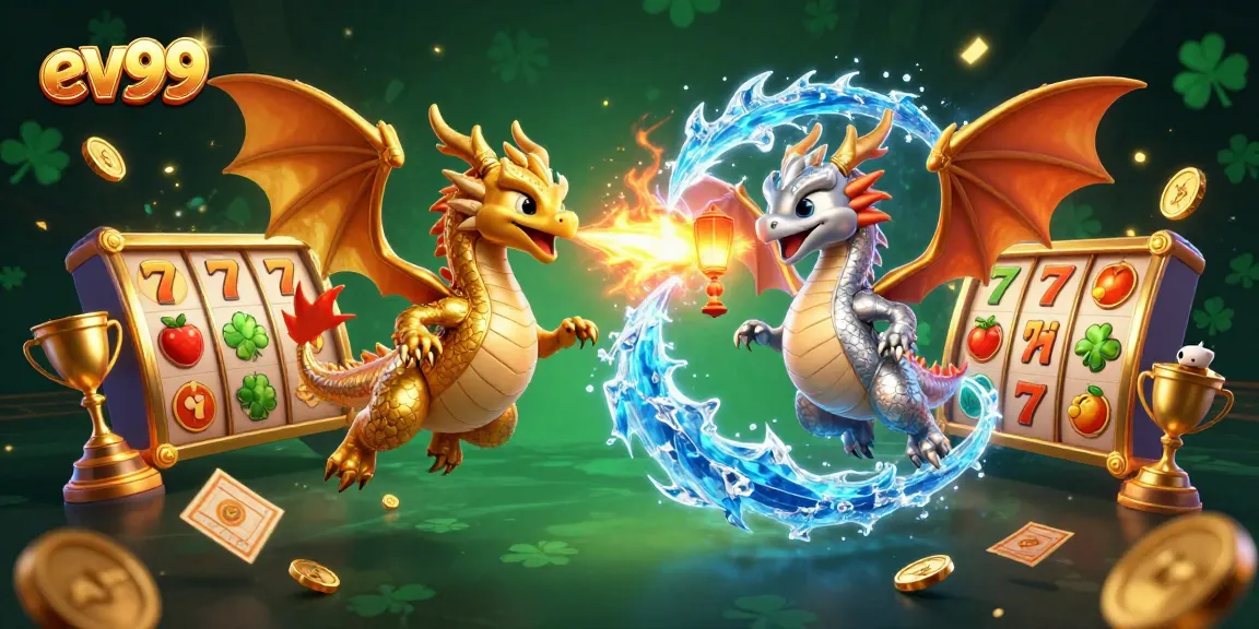 Win big at ev99 with a vibrant 3D illustration featuring golden and silver dragons amidst dynamic slot game elements.