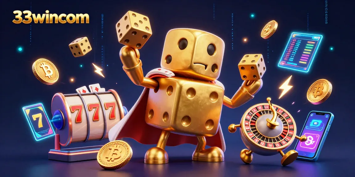 33wincom showcases a vibrant casino scene with a golden dice golem and slot reels.