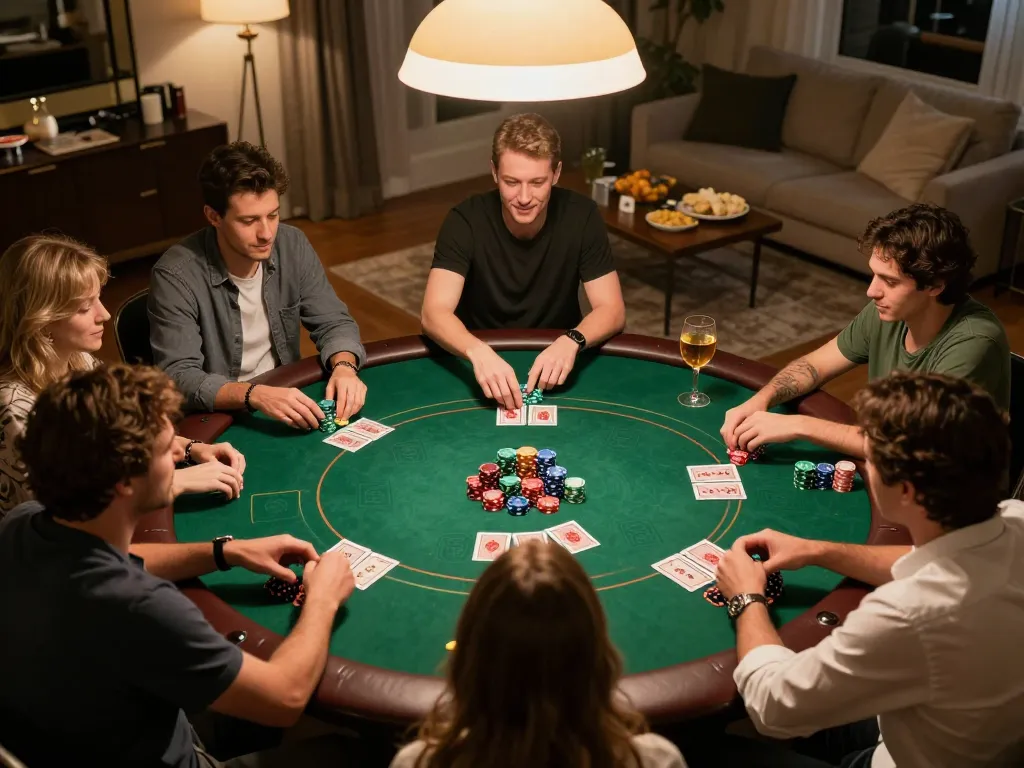 Players enjoying a thrilling poker game at home featuring 99ok with vibrant chips and cards in action.