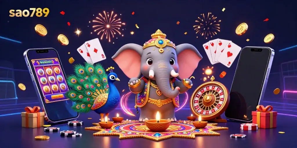 Play colorful slot games with Sao789 featuring vibrant elements and festive decorations.