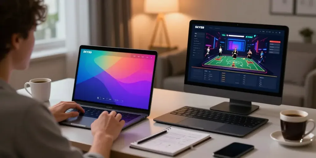 Sky88 online gaming interface displayed on smartphone and laptop in a cozy home environment.