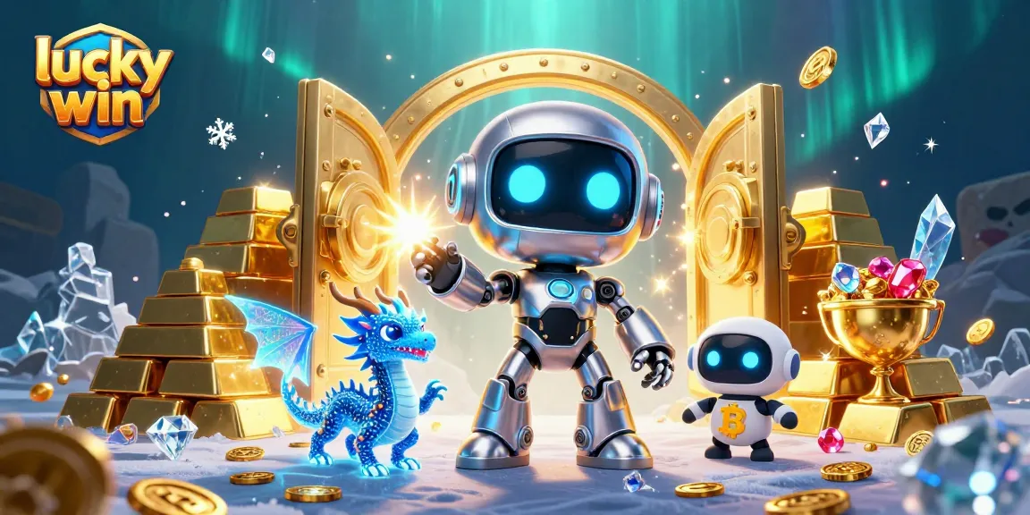 Experience thrilling wins with lucky win in this vibrant, action-packed casino scene involving a cyberpunk robot, AI dragon, and bitcoin drone.