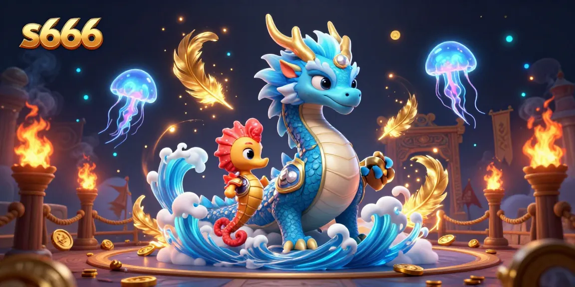 S666 players enjoy exciting underwater adventures with a dragon, seahorse knight, and jellyfish, depicted vividly in 3D.