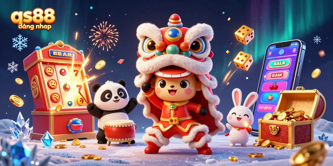 Experience the thrill at qs88 đang nhap with festive lion dance and jackpot excitement in a vibrant casino scene.