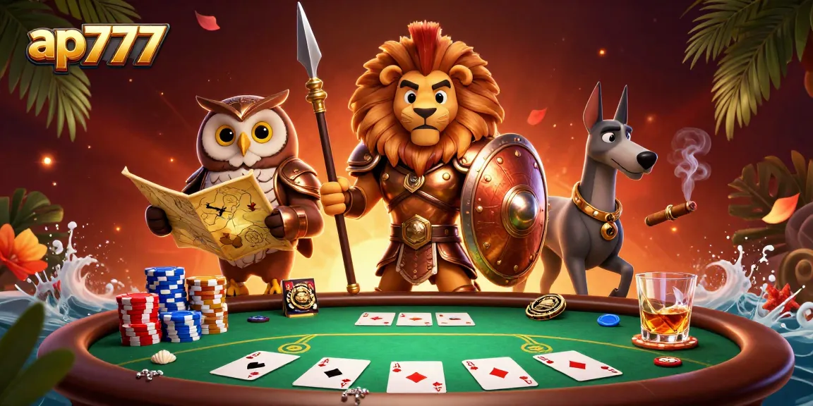 Ganhe no pôquer com a cena de jogos dinâmica do ap777, apresentando personagens vibrantes e elementos de cassino.