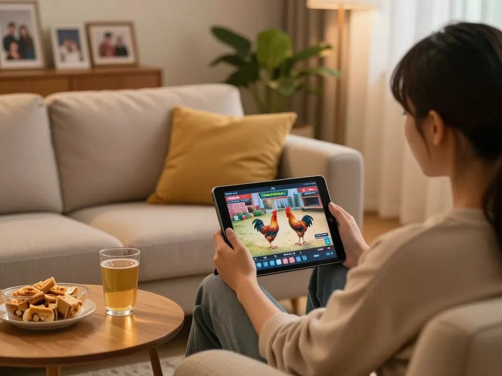 Watching đá gà thomo live on tablet in a cozy home setting, inviting atmosphere for online betting.