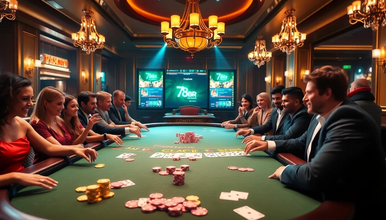 Cenário emocionante de jogos de azar em uma mesa de pôquer, com participantes da 78BR desfrutando de ação de altas apostas.