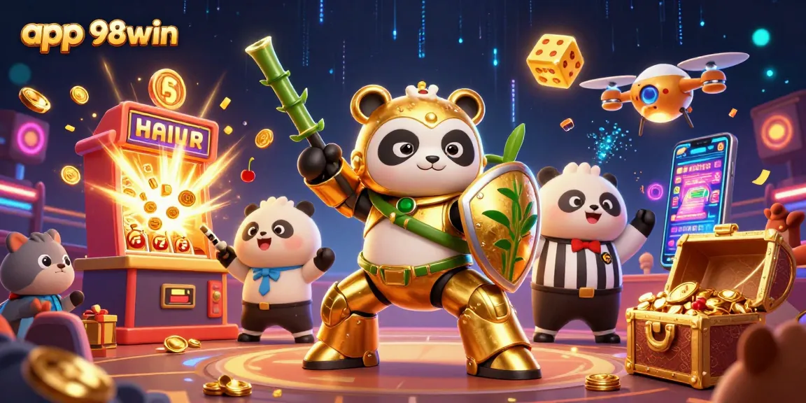 Engage with app 98win as the golden panda pilots a futuristic casino robot, spinning slot symbols and treasure.