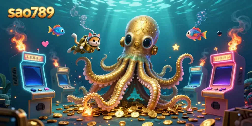 Engage in thrilling gameplay at sao789, featuring a kraken and a diving cat amidst vibrant casino elements.