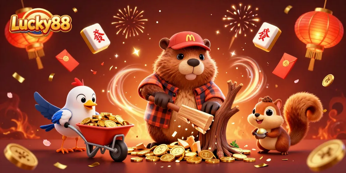 Experience the thrill of Lucky88 with a cartoon beaver collecting golden coins amidst vibrant casino-themed elements.