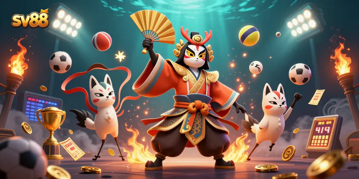 Engage with sv88 online betting featuring a kabuki warrior and sports elements.