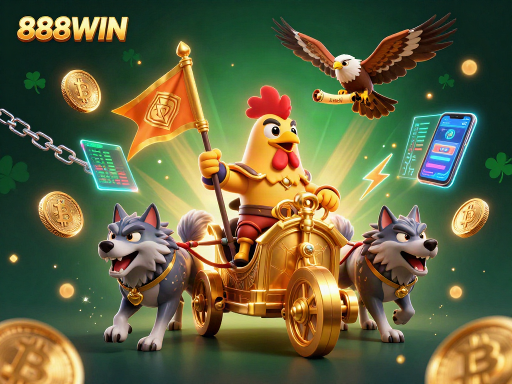 Engage with 888WIN's vibrant casino world, showcasing a golden war chariot and crypto elements.
