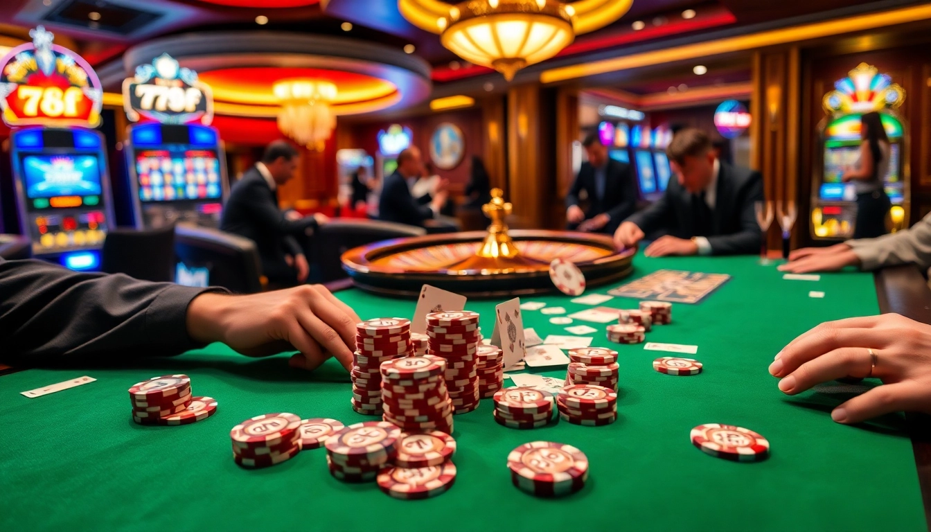 Engaging poker players strategizing at 789f's luxurious casino table with vibrant roulette wheel.