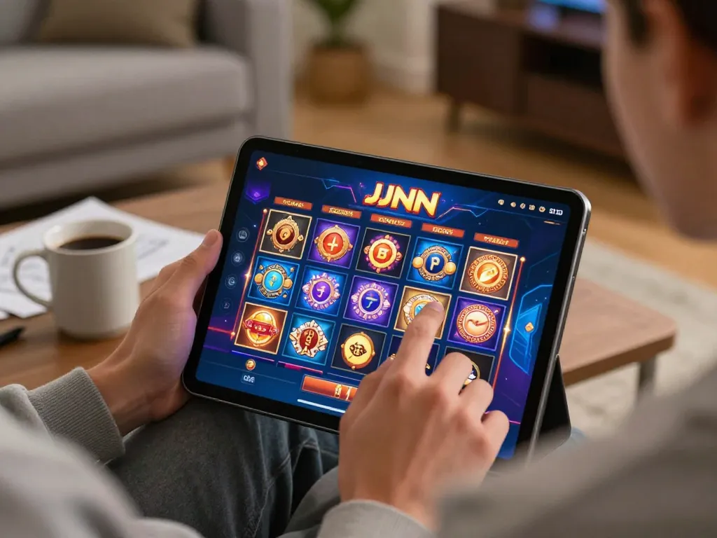 Player immersed in JJNN online slots experience on tablet, showcasing a colorful gaming interface.