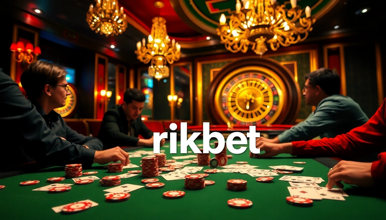 Players enjoying a thrilling poker game at a rikbet casino table, with vibrant chips and cards in action.