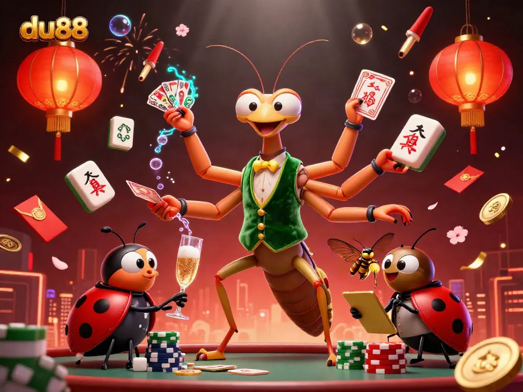 Experience du88's vibrant casino atmosphere with a praying mantis card dealer and ladybug pit boss.