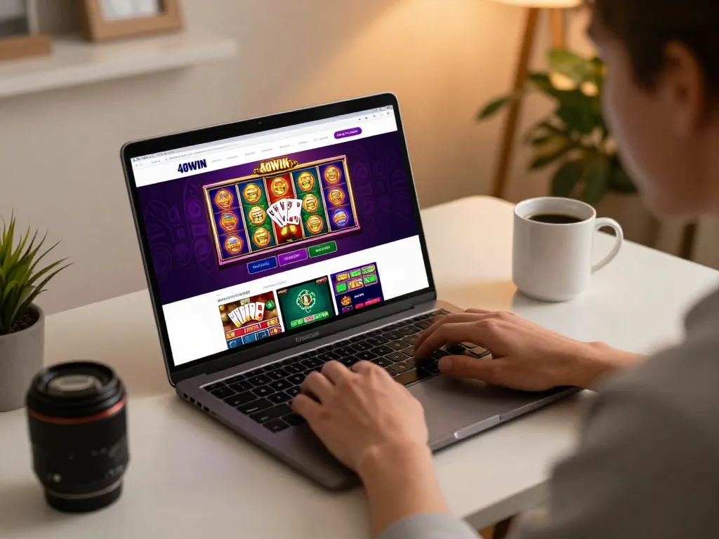 Engaging online gambling scene with 40WIN platform on laptop, showcasing vibrant gaming options for players
