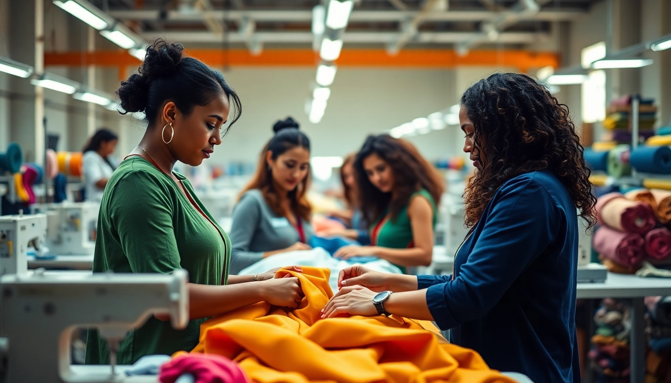 Women’s Clothing Manufacturer team collaborating in a colorful garment factory.
