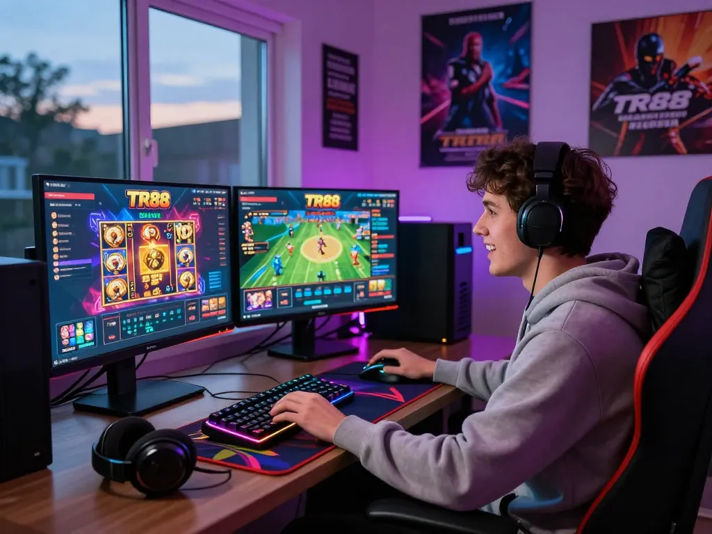 Engaged player immersed in a TR88 gaming session with multiple screens and vibrant atmosphere.