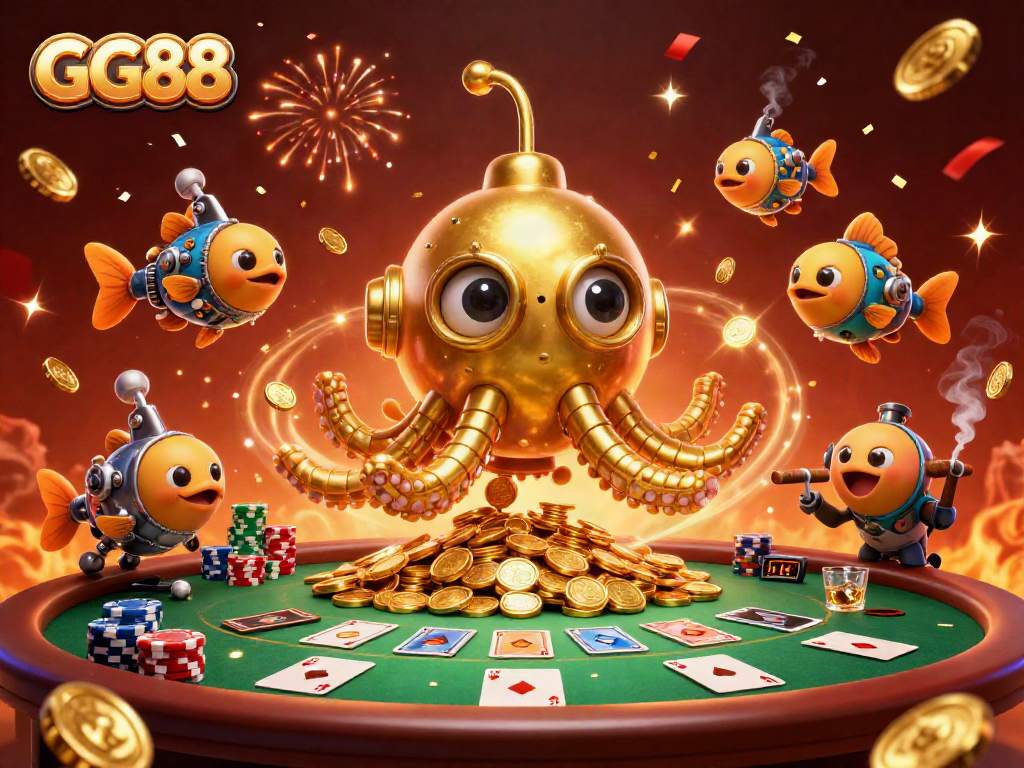 Engage in thrilling poker action with GG88 as the golden kraken submarine dives through a sea of coins.