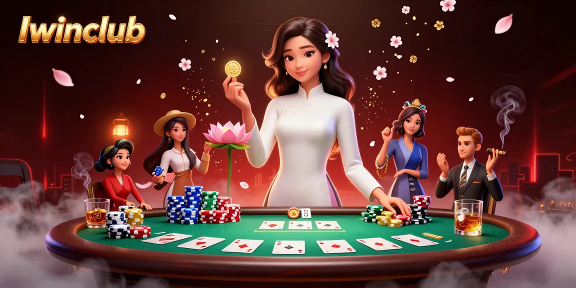Experience Iwinclub gaming action with a refined lady embracing luck in a rich gambling scene.