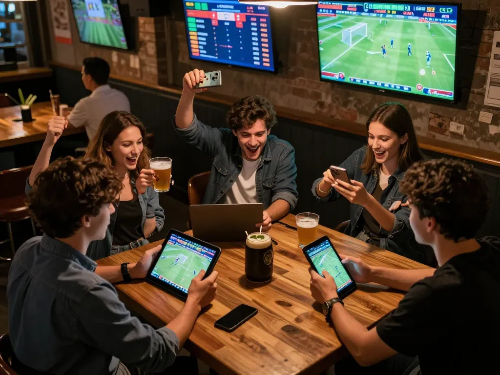 Fans engaged in live sports betting on their devices at x333 sports bar, vibrant atmosphere of excitement.