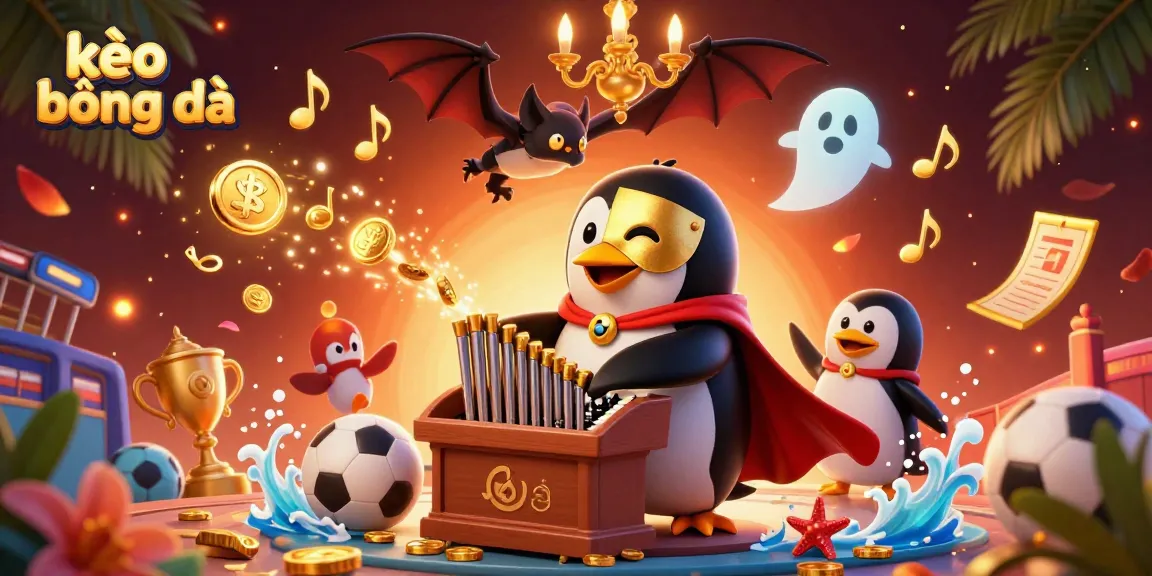 Bet on kèo bóng đá as a penguin plays an organ shooting coins, amidst a vibrant casino scene.