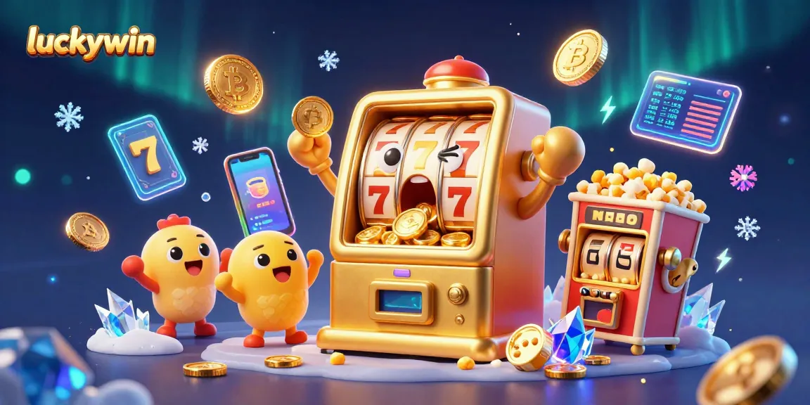 Luckywin slot machine shocks with jackpot as coins pour from its mouth among cheering baby machines.