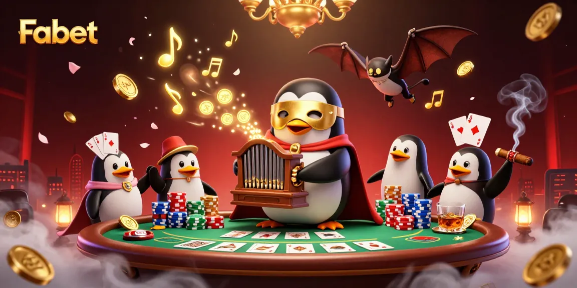 Experience excitement with Fabet as a penguin plays organ shooting coins in a vibrant casino scene.