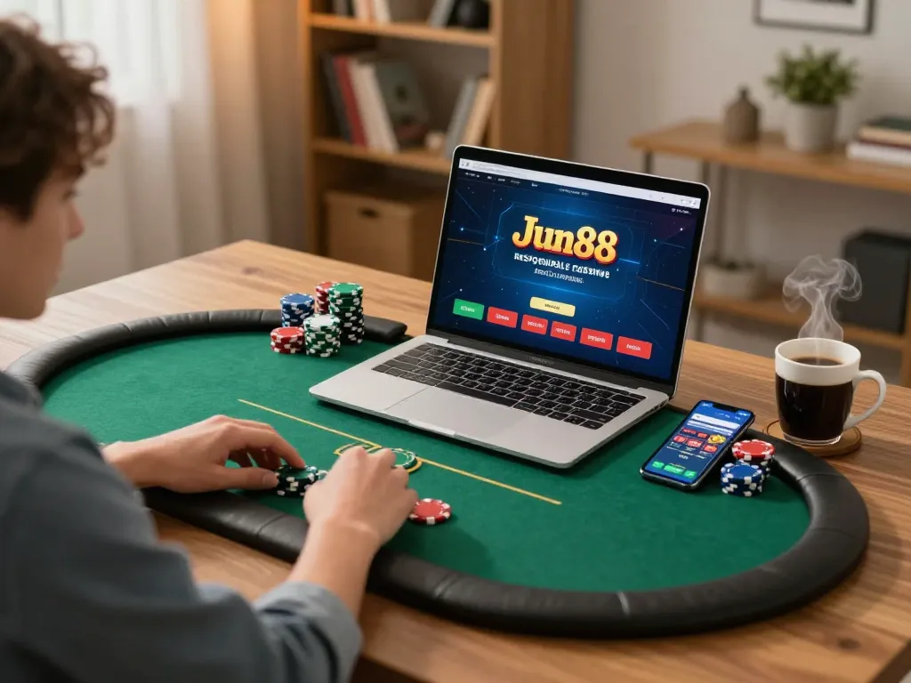 Player enjoying an engaging poker game on Jun88's online platform in a cozy home setting.