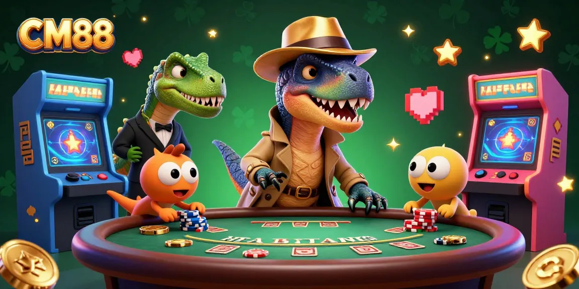 Engage in thrilling gameplay at CM88 with a cartoon velociraptor card counter at the blackjack table.