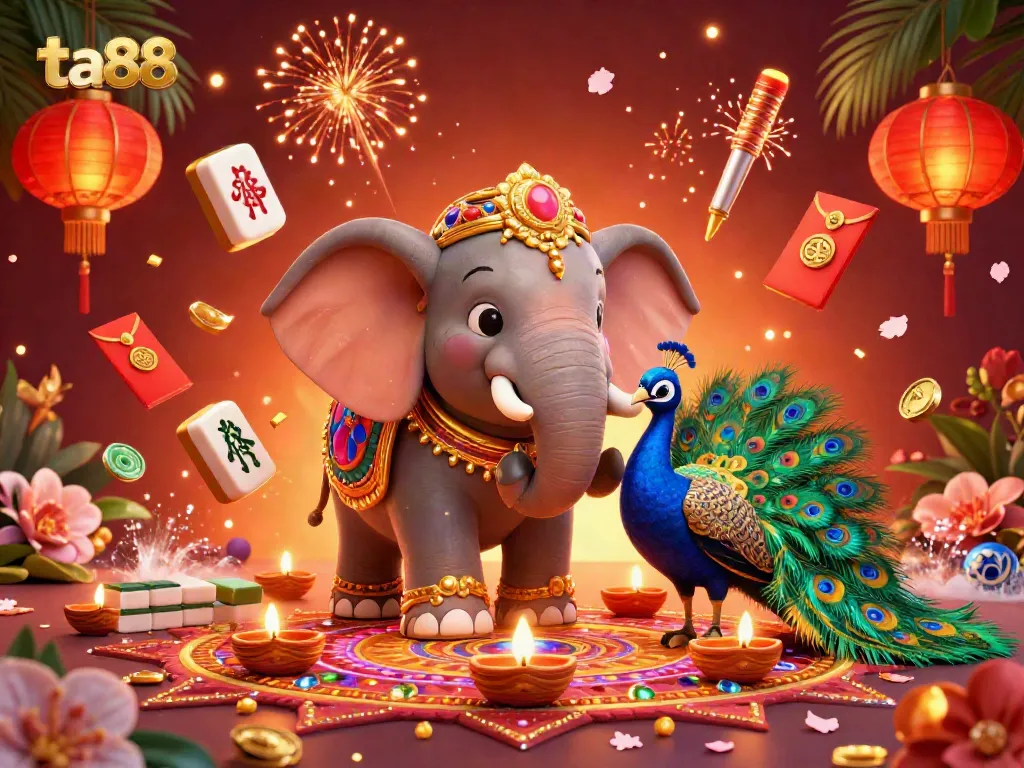 Experience the thrill of online gaming with ta88, featuring a vibrant scene showcasing a decorated elephant and a peacock amidst colorful gaming elements.