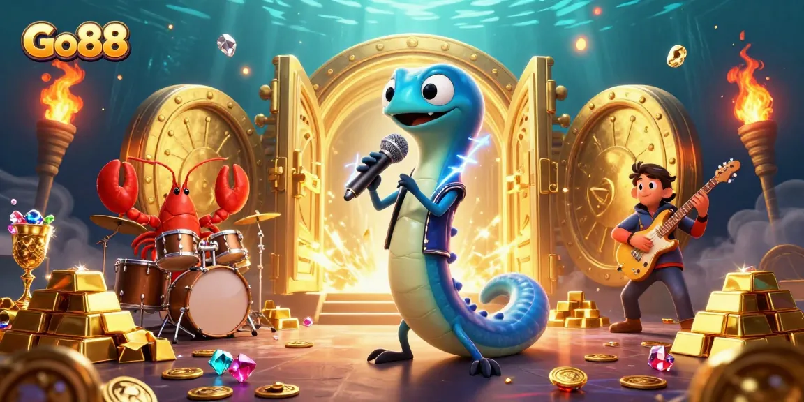 Experience thrilling gaming with Go88 in an immersive underwater casino featuring vibrant characters and treasure.