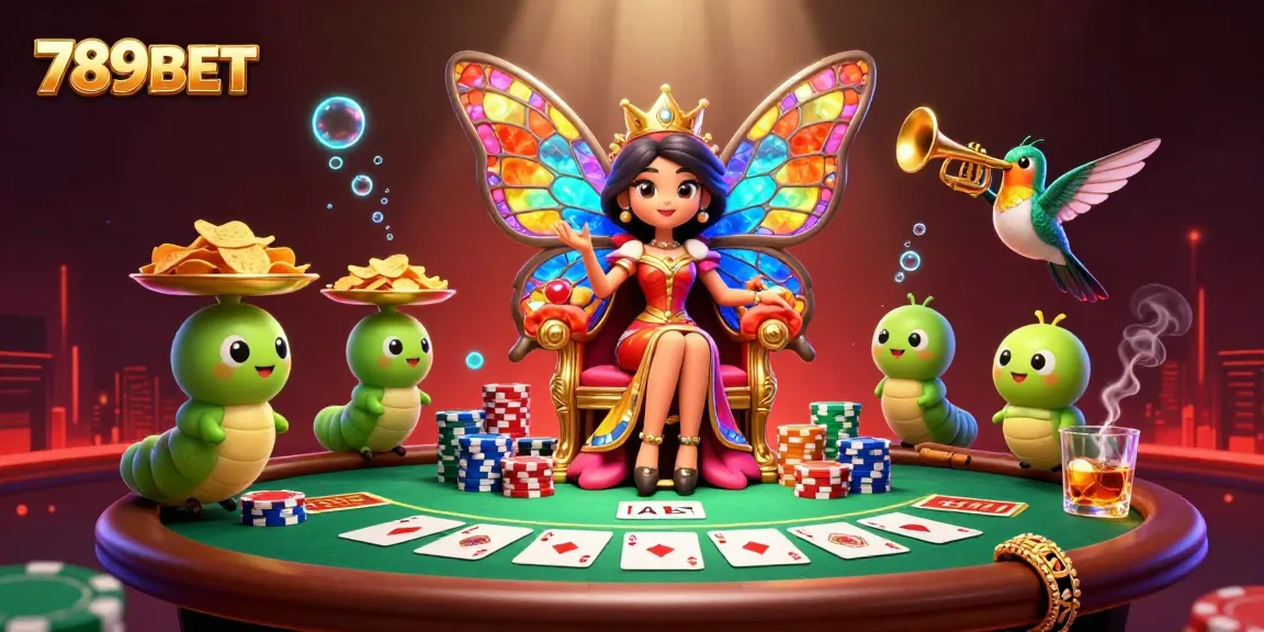 Experience the thrill of 789BET with vibrant casino elements, featuring poker chips and a dazzling butterfly queen.