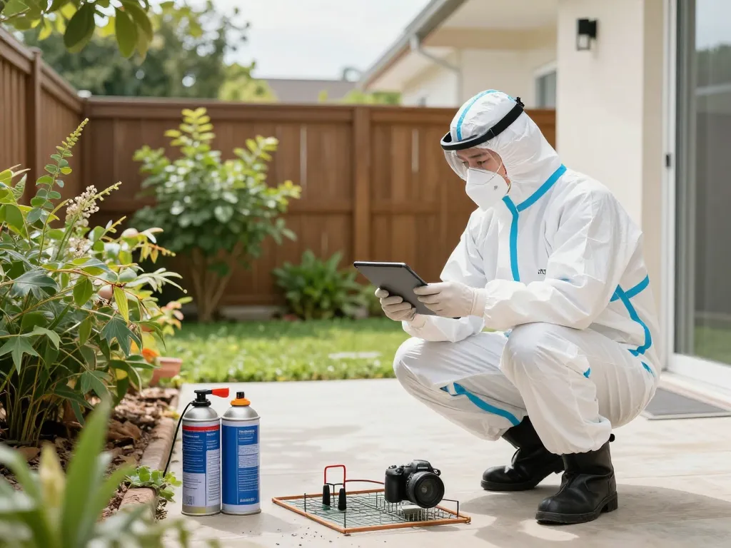 Dedicating pest control technician assessing home with dedetizadora equipment for effective pest management.