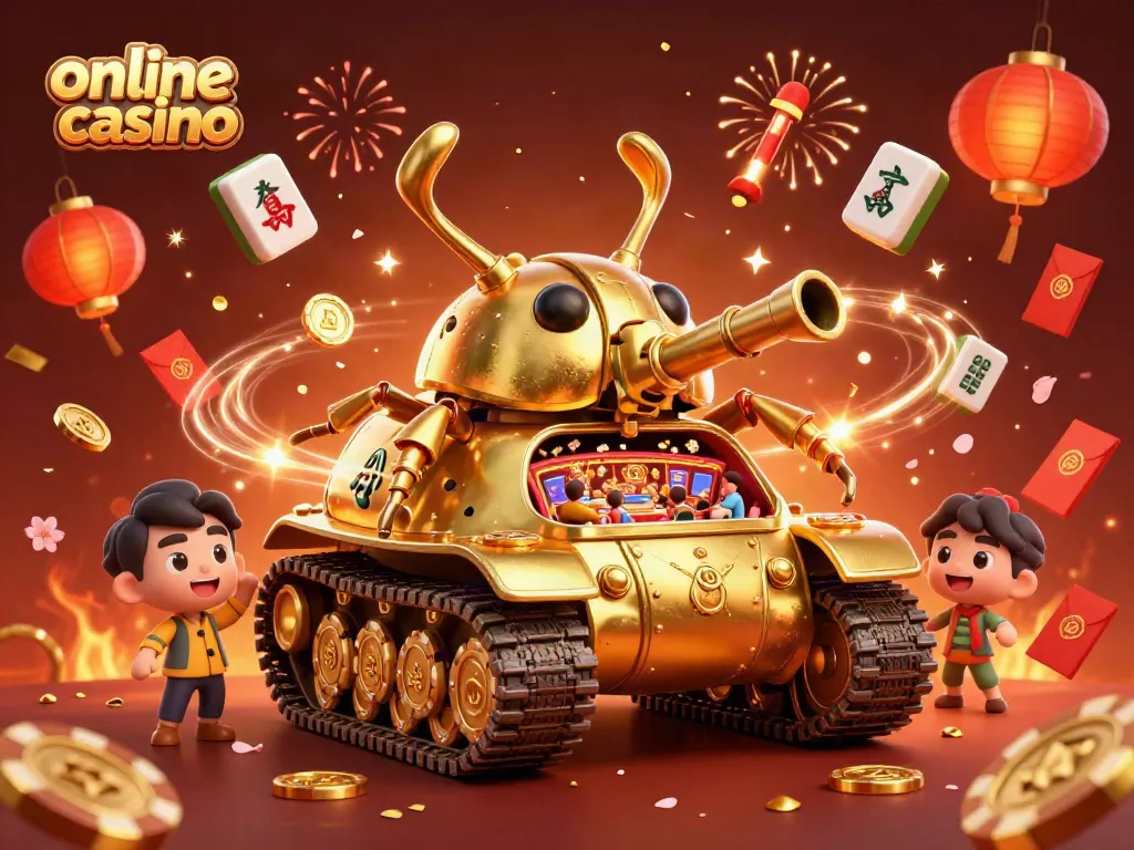 Experience the thrill of an online casino in this vibrant 3D illustration featuring a golden beetle tank and casino elements.