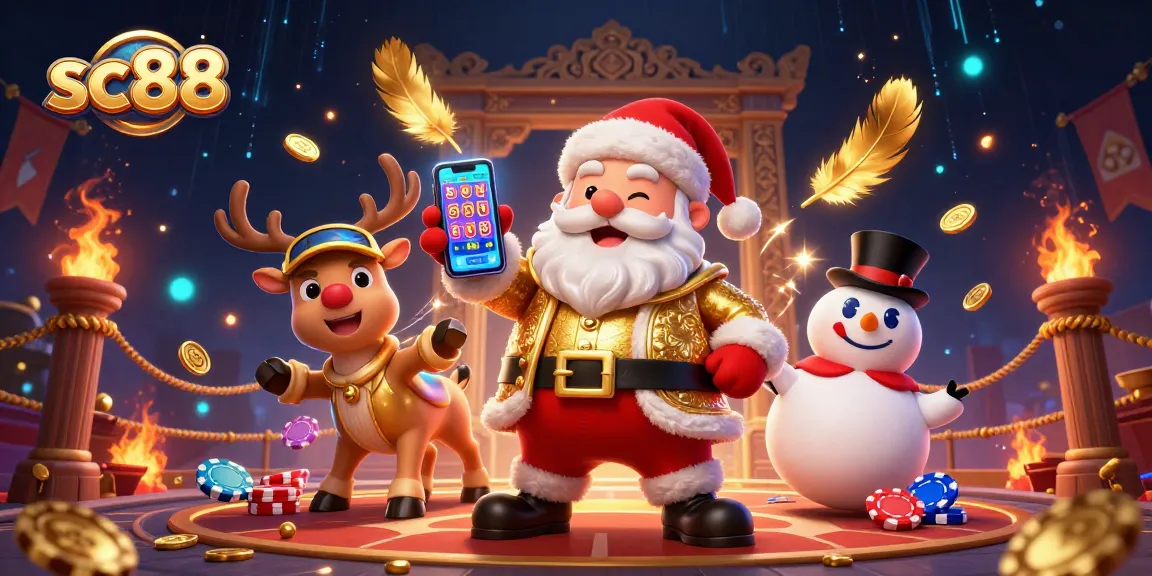 Spin the reels at sc88 with Santa, his reindeer as a dealer, and a poker chip snowman!