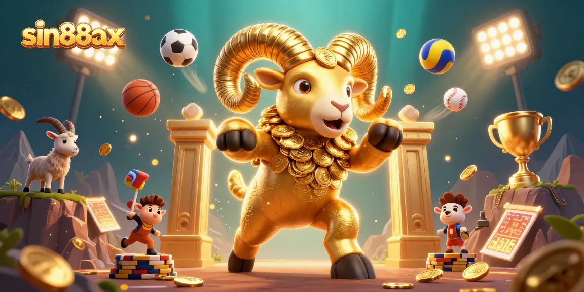 Engage in thrilling gameplay at sin88ax with a cartoon golden ram charging through a vibrant casino scene.