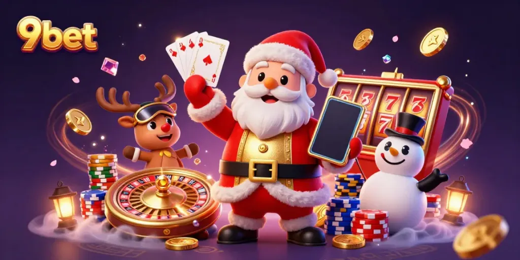 Experience vibrant winning moments at 9bet with Santa and friends celebrating big casino wins.