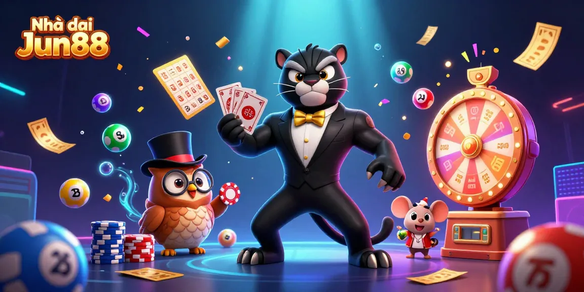 Engage with Nhà cái Jun88 and enjoy exciting games with 3D casino characters in a vibrant scene.