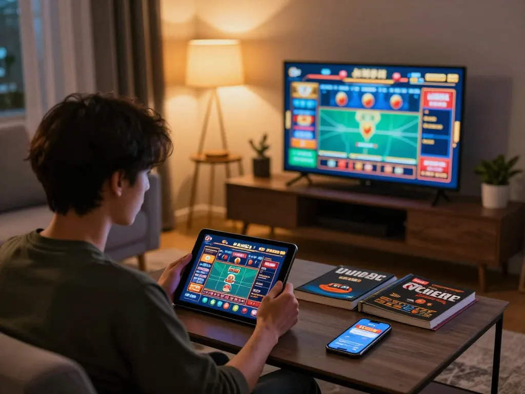 Engaged user plays on uu88 casino app, surrounded by betting strategy materials in cozy home setting.
