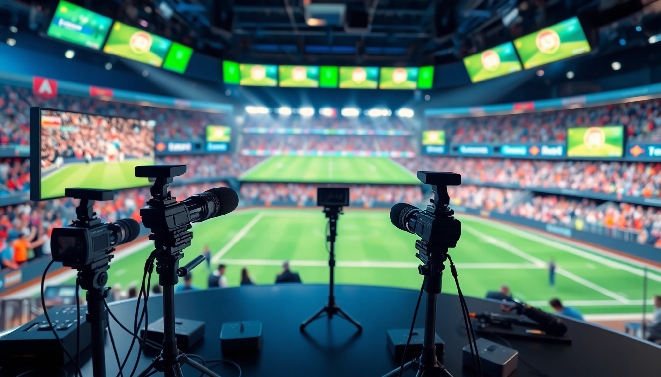 Engaging sports broadcasting studio showcasing vibrant graphics and advanced equipment.