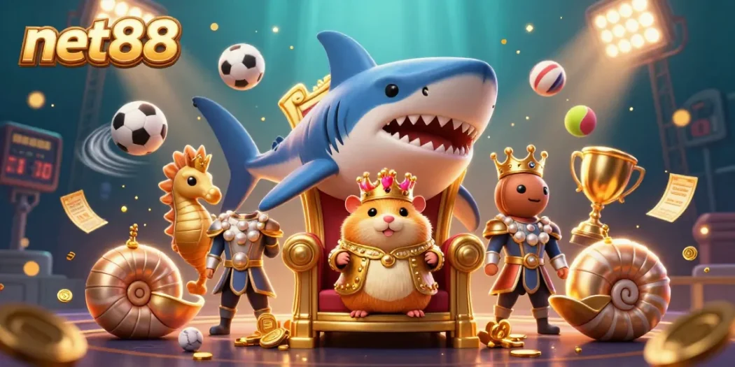 Experience net88's thrilling sports betting magic with a megalodon throne and vibrant royal elements.