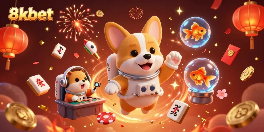 8xbet animates a floating casino scene with an astronaut corgi, mission hamster, and goldfish.