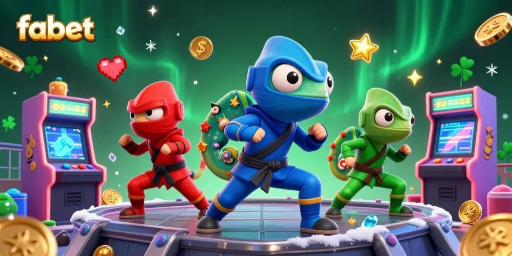 Engage with fabet's 3D ninja chameleons as they dominate the gaming scene, surrounded by vibrant casino elements.